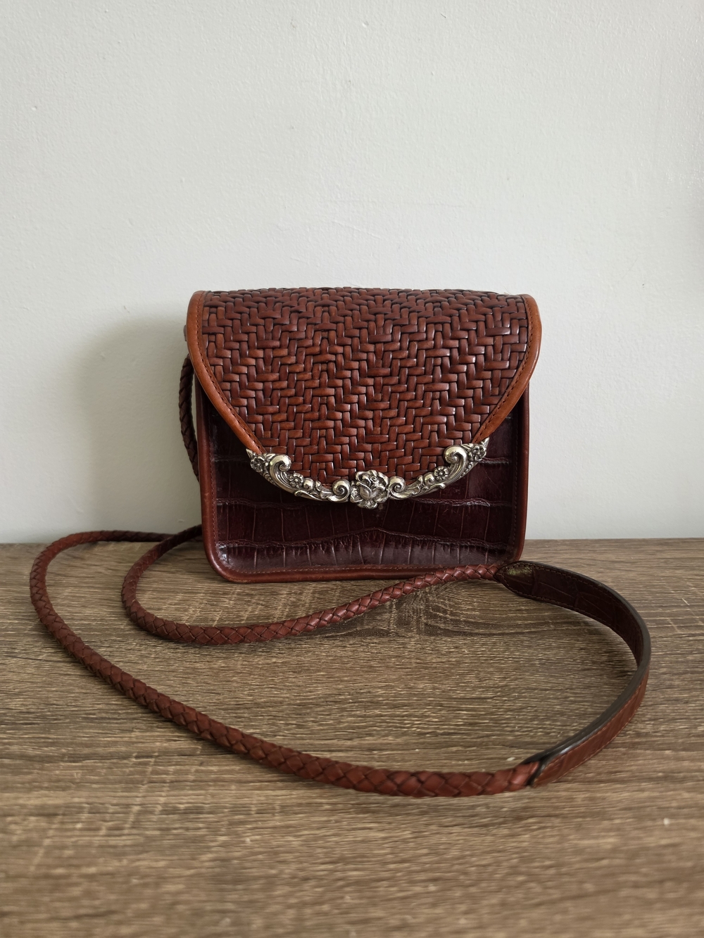 Brighton Brown Braided Leather Crossbody Bag Silver Accent for Women 6.5"